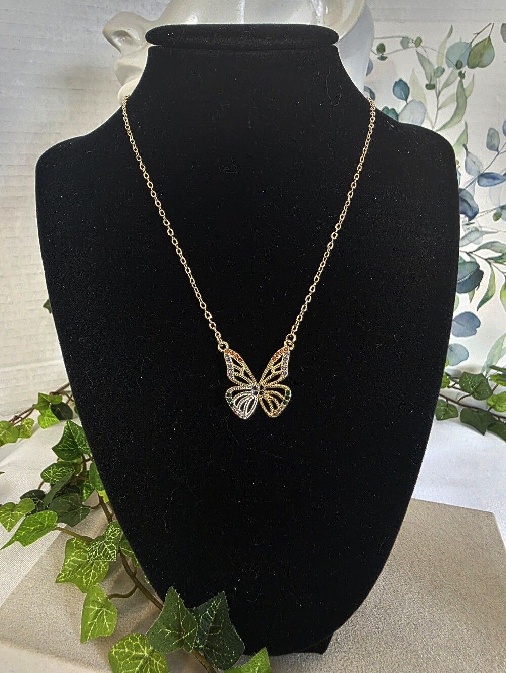 Gold Filled Rainbow CZ Butterfly Pendant Necklace Statement Chain